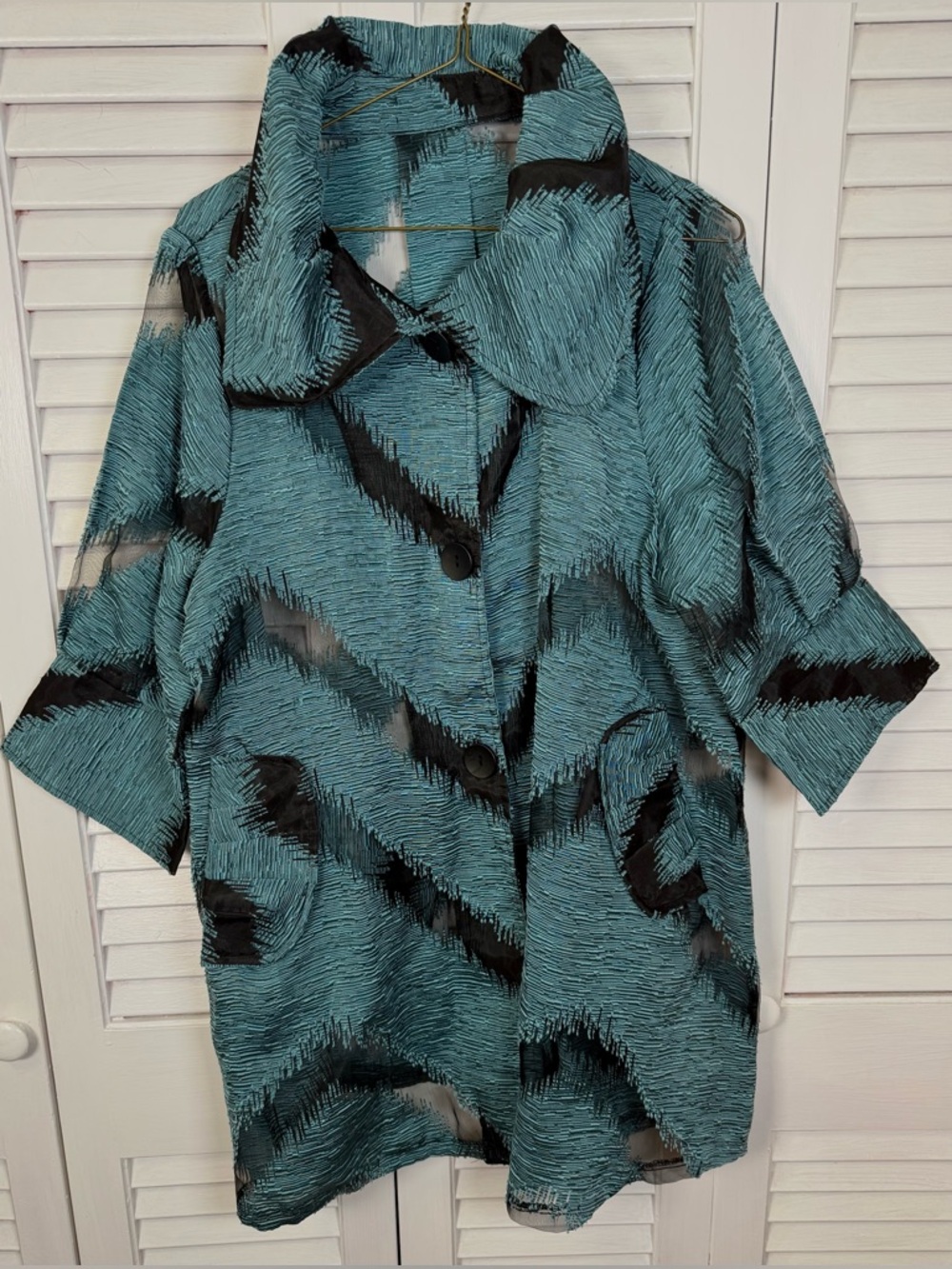 Damee Inc Artsy Teal/Black Sheer Chic Soft Pleated Lightweight Jacket M/L
